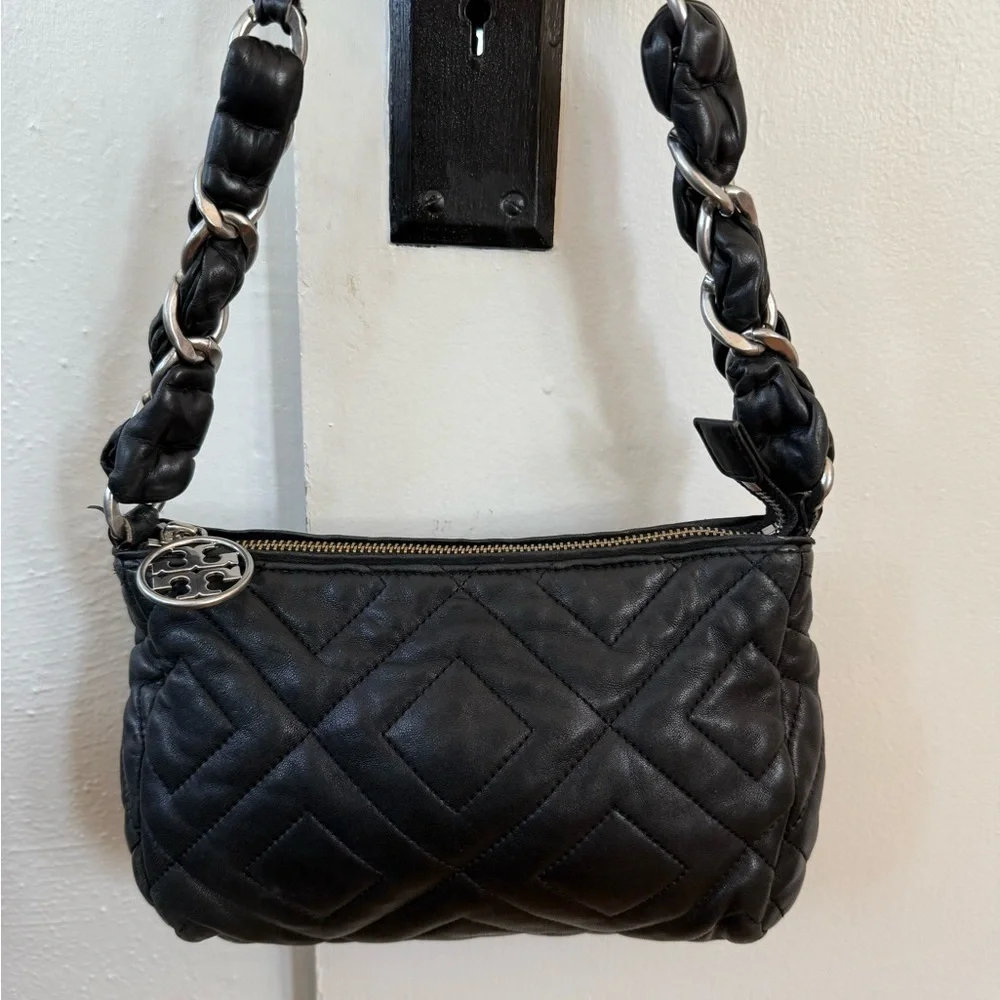 Tory Burch Black Quilted Calfskin Leather Bag with Silver Hardware